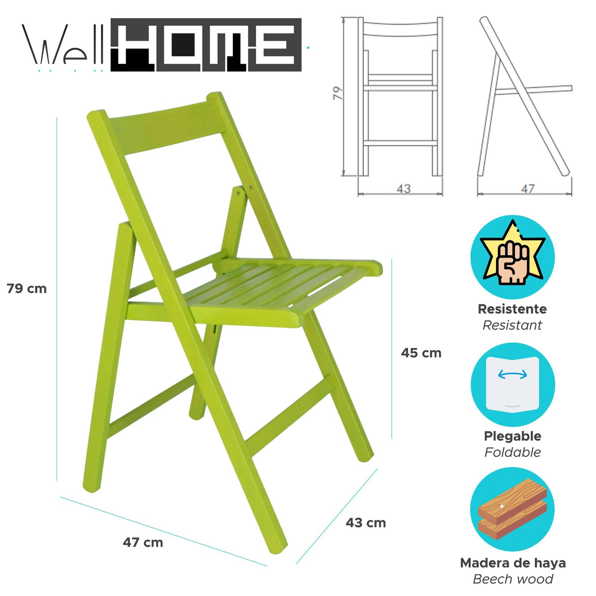 Well Home Mobiliario & Decoración - Pack 4 Sillas Bas En Madera De Haya, Acabado Verde