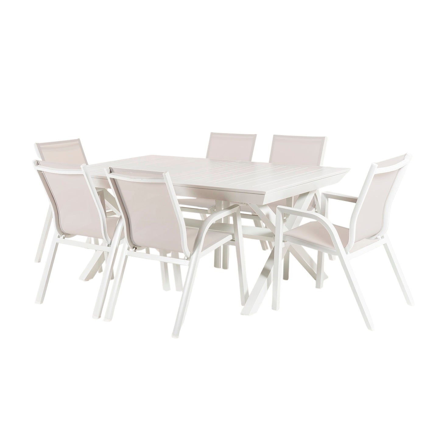 Conjunto De Mesas Y Sillas Sillones Apilables, Para Jardín, Aluminio Y Textilene, Color Blanco, Mesa:170x100x75 Silla: 90x66x56_0