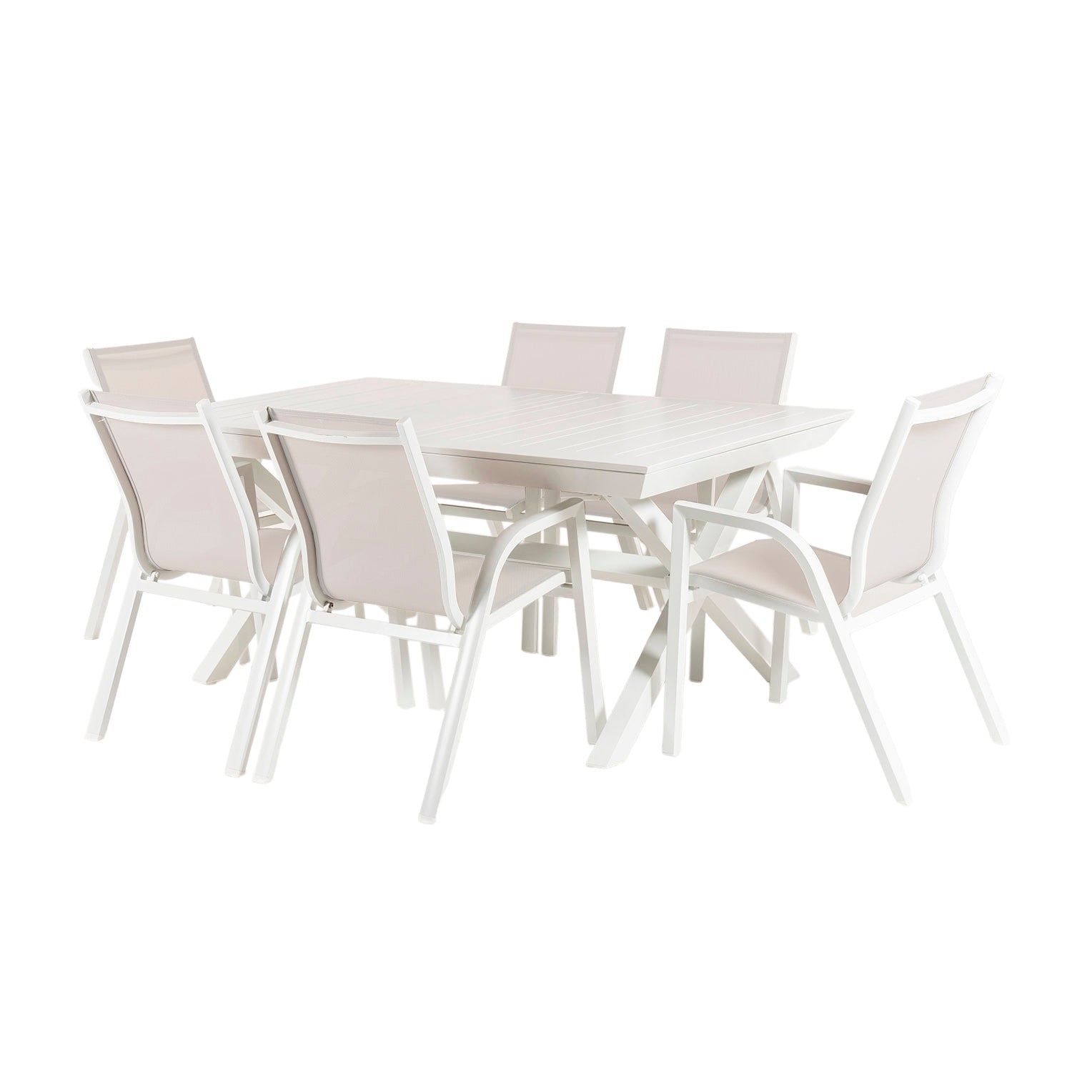Conjunto De Mesas Y Sillas Sillones Apilables, Para Jardín, Aluminio Y Textilene, Color Blanco, Mesa:170x100x75 Silla: 90x66x56_0