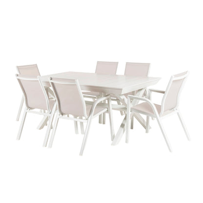 Conjunto De Mesas Y Sillas Sillones Apilables, Para Jardín, Aluminio Y Textilene, Color Blanco, Mesa:170x100x75 Silla: 90x66x56_0