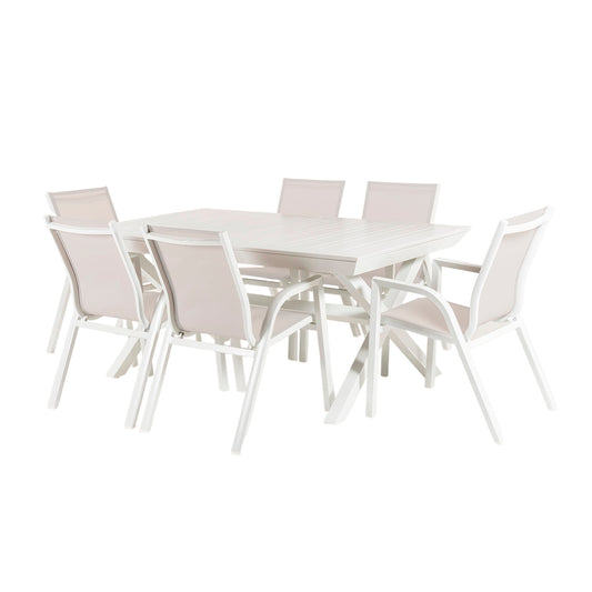 Conjunto De Mesas Y Sillas Sillones Apilables, Para Jardín, Aluminio Y Textilene, Color Blanco, Mesa:170x100x75 Silla: 90x66x56_0