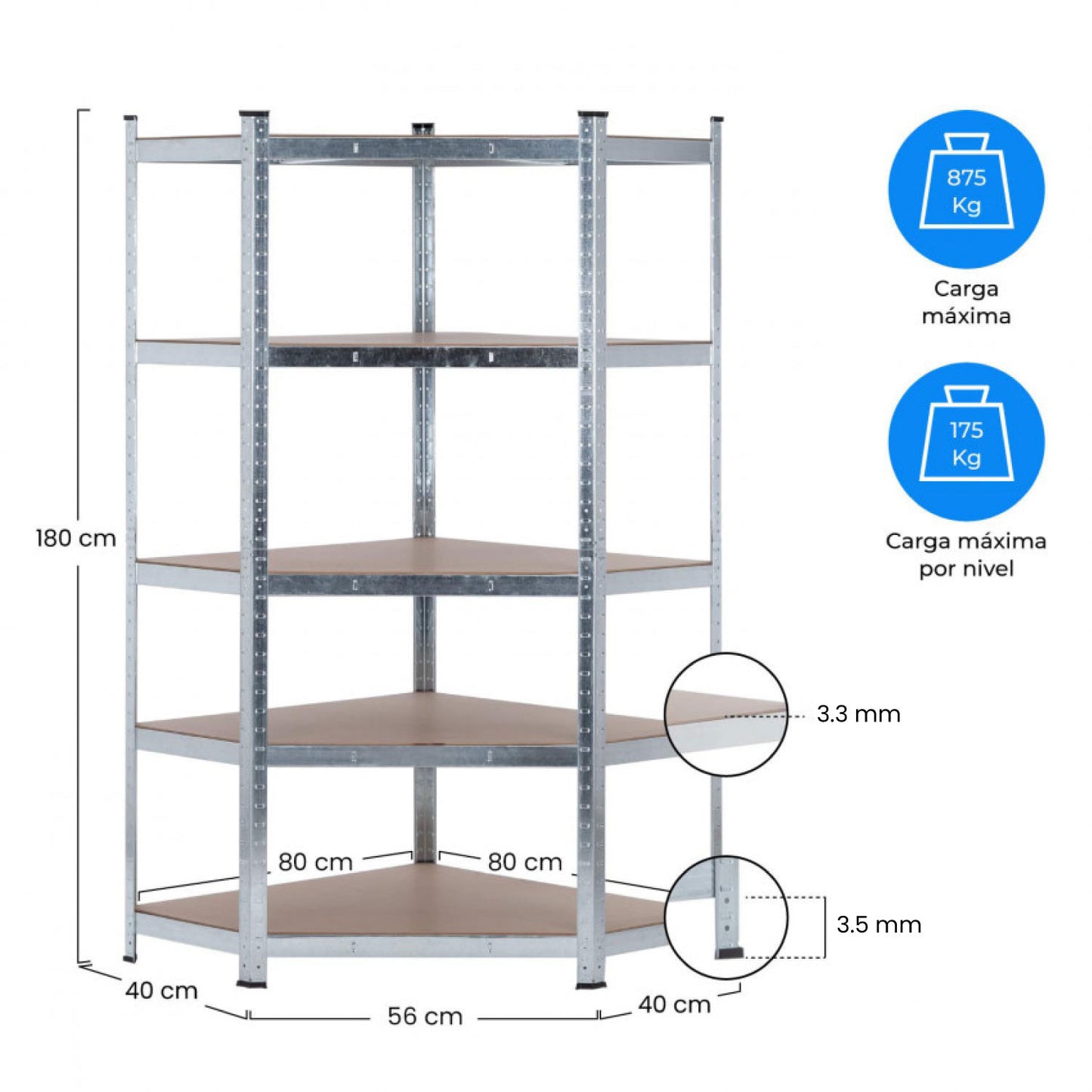 Estantería Esquinera Modular Galvanizada 5 Baldas Ajustables 180x80x40x56cm 875kg 7house_5
