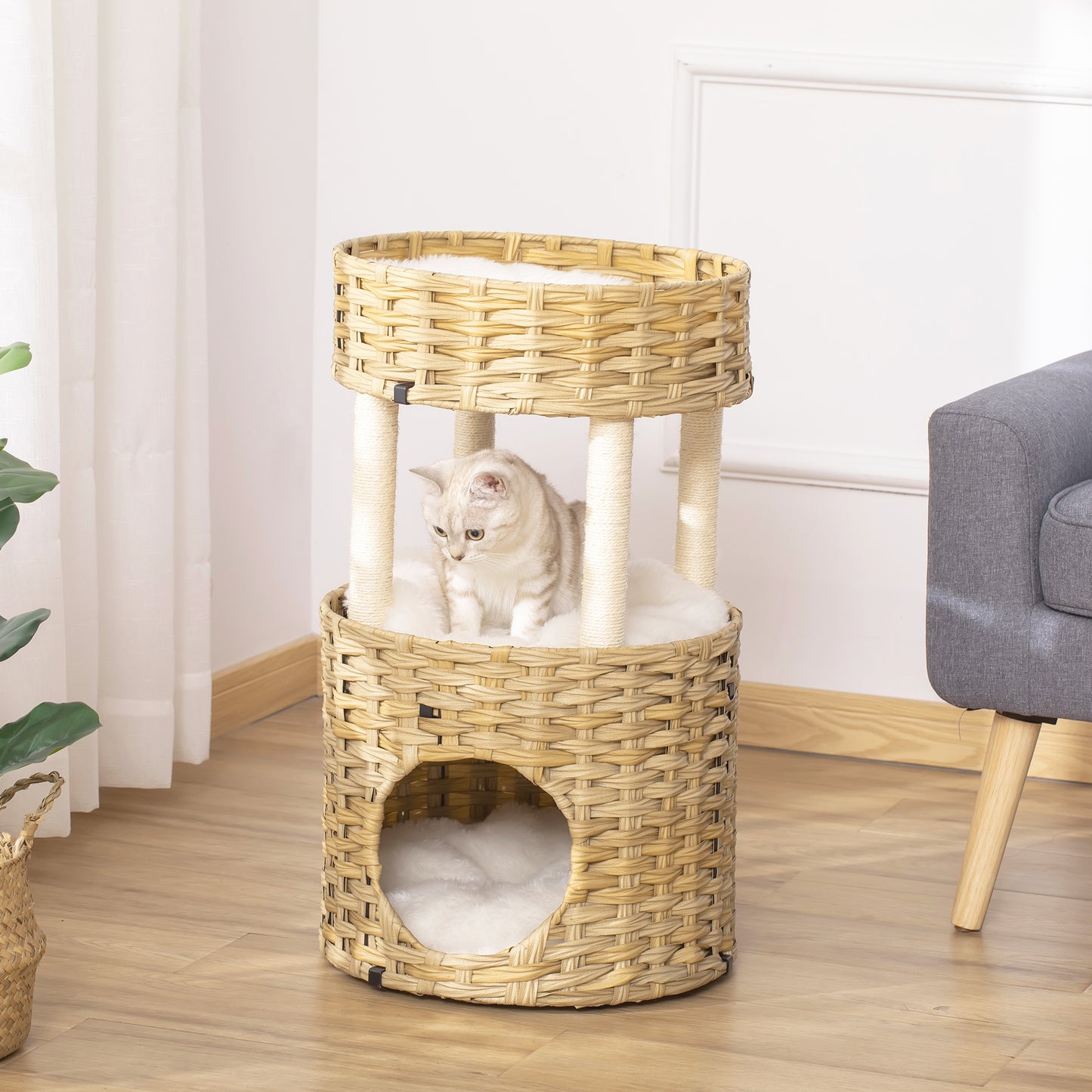 Pawhut Árbol Rascador Gatos De Ratán Con Cueva 2 Camas Postes De Sisal Y Cojines_1