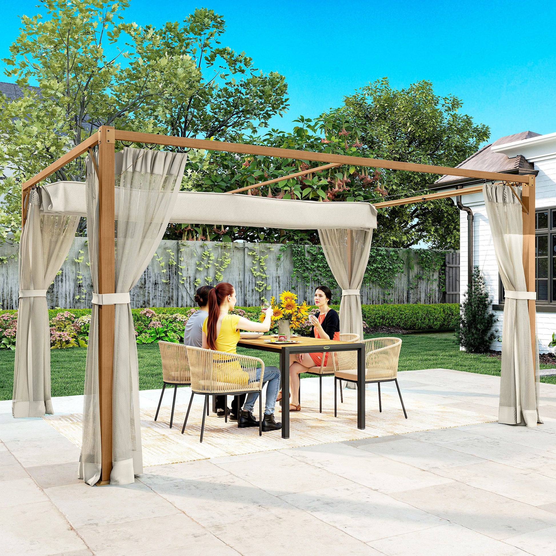 Outsunny Pérgola De Jardín 4x3 M Con Techo Retráctil Mosquiteras Natural_1