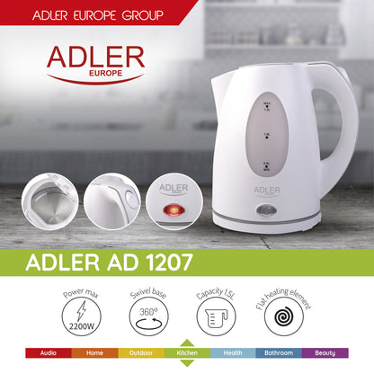 Hervidor Agua Eléctrico, 1,5 L, Resistencia Oculta, Inalámbrico, Apagado Automático, Base 360º Adler Ad 1207, 2200w