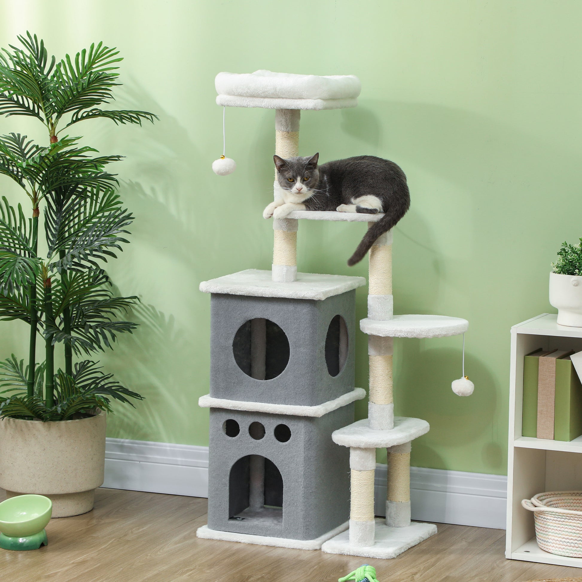 Pawhut Árbol Rascador Para Gatos 126 Cm Con Plataformas Bolas Colgantes Crema_1