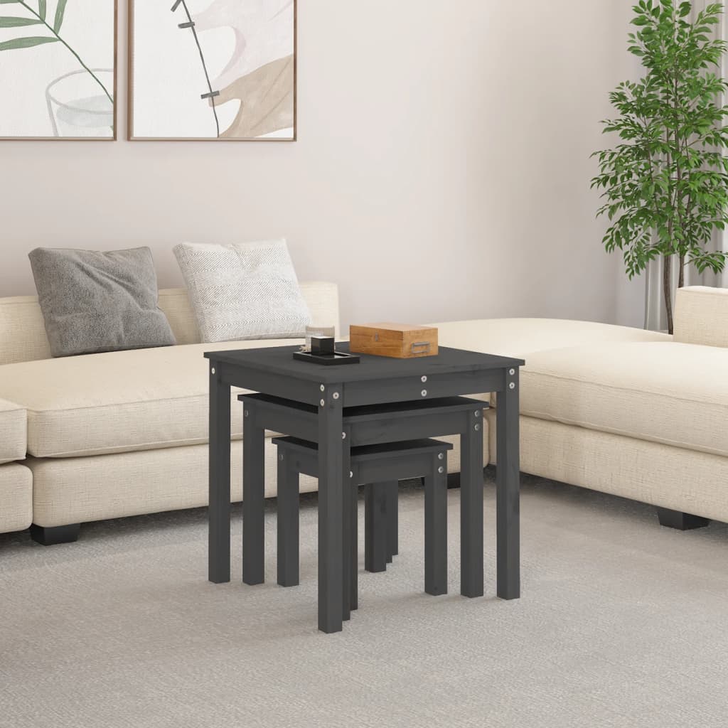 Mesas Apilables 3 Piezas Madera Maciza De Pino Gris_1