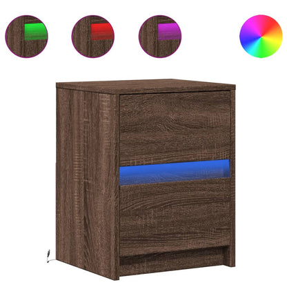 Mesitas De Noche Luces Led 2 Uds Madera Ingeniería Roble Marrón_0