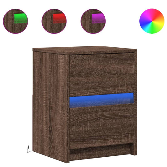 Mesita De Noche Con Luces Led Madera De Ingeniería Roble Marrón_0