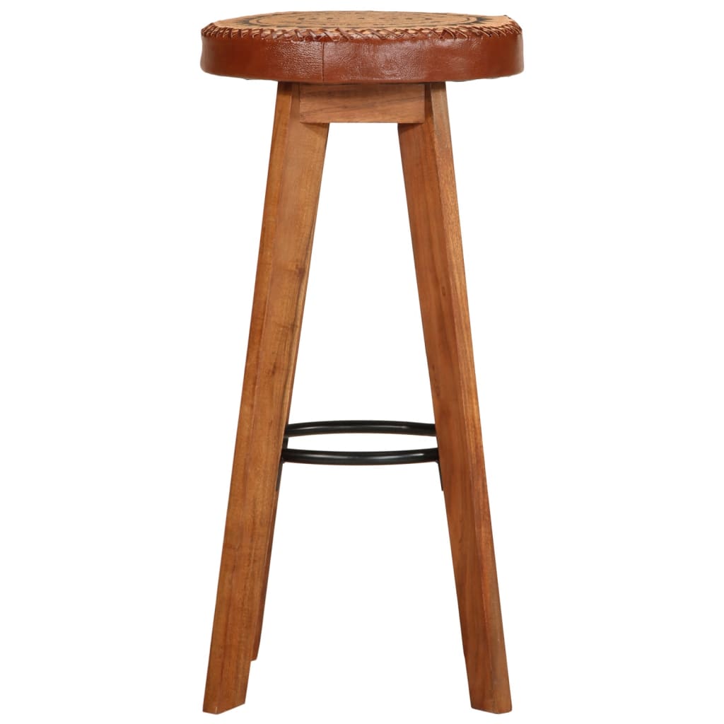 Taburetes De Cocina 2 Uds Cuero Auténtico Madera Maciza Acacia_2