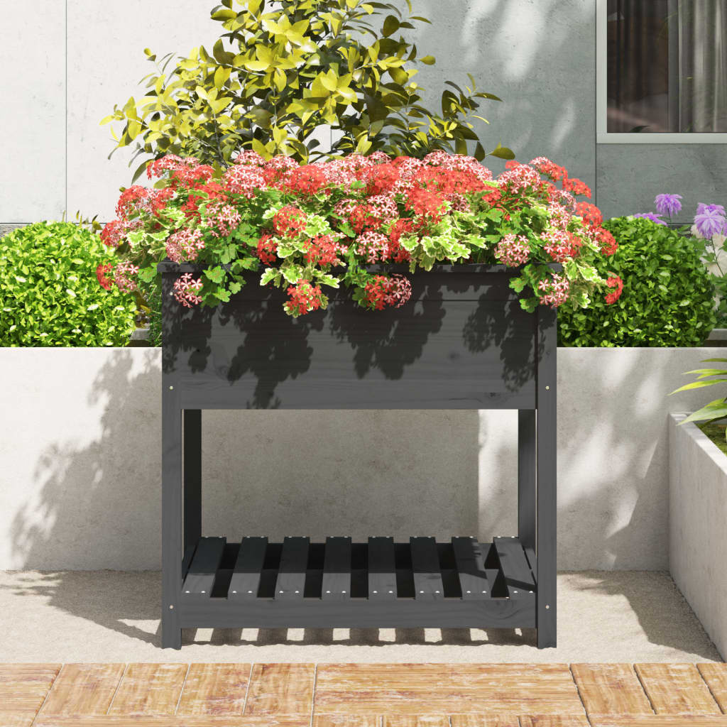 Jardinera Con Estante Madera Maciza Pino Gris 82,5x82,5x81 Cm_2