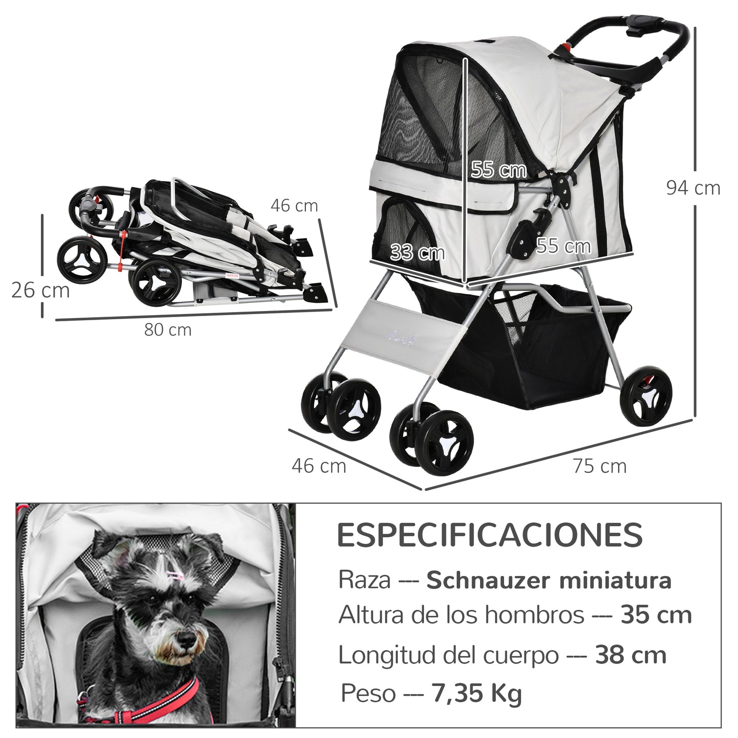 Pawhut Cochecito Mascotas Plegable Toldo Ajustable Tela Oxford 77x45x99,5cm Gris_2