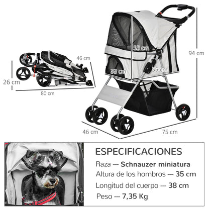 Pawhut Cochecito Mascotas Plegable Toldo Ajustable Tela Oxford 77x45x99,5cm Gris_2