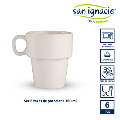 Set 6 Tazas Porcelana Apilable Blanco 36 Colección Vessia