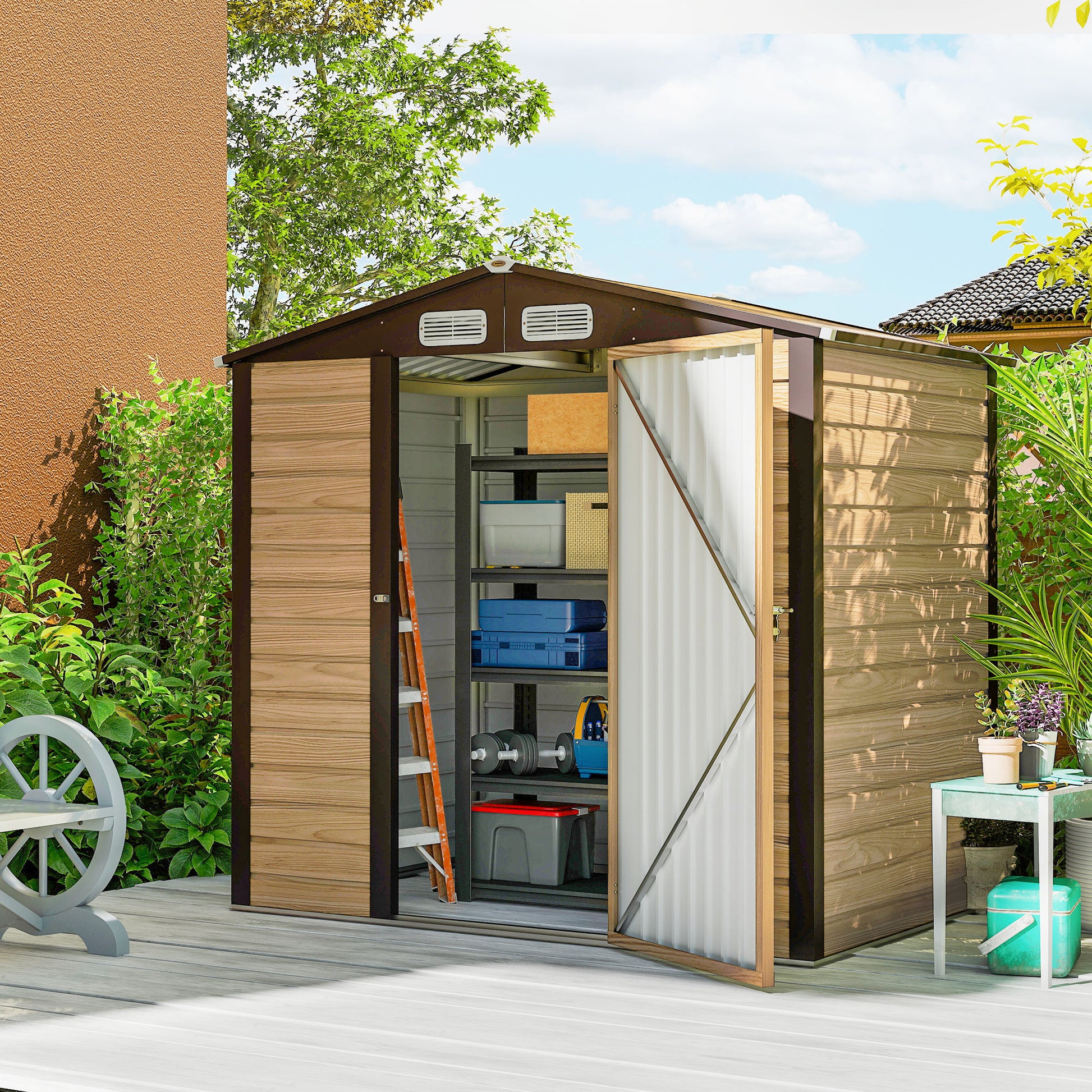 Outsunny Cobertizo De Jardín 190x131x188 Cm Con 2 Ventilaciones Y Puerta Roble_1