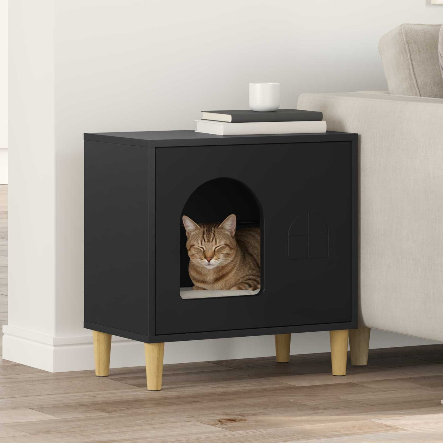 Casa Para Gatos Negro 51 X 30 X 52 Cm Madera De Ingeniería_1