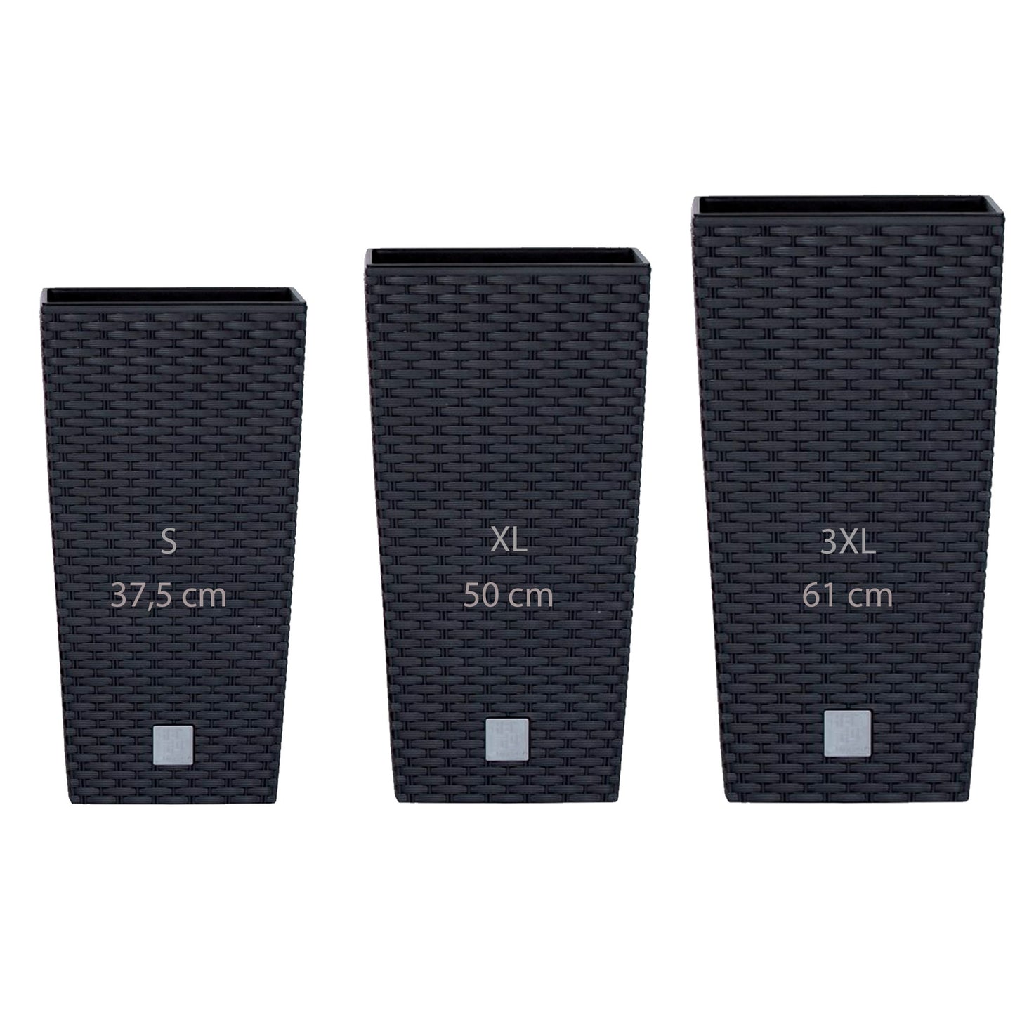 Pack 3 Macetas Altas Prosperplast (11,4/26,6/49 Litros) Rato Square De Plastico En Color Antracita Con Deposito.