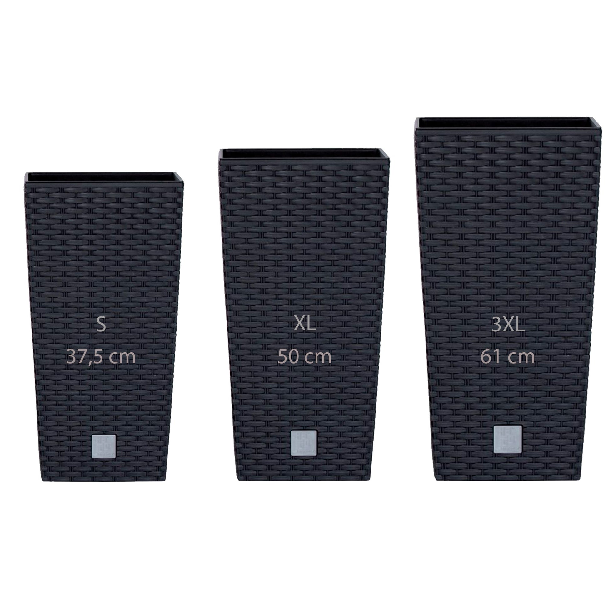 Pack 3 Macetas Altas Prosperplast (11,4/26,6/49 Litros) Rato Square De Plastico En Color Antracita Con Deposito.