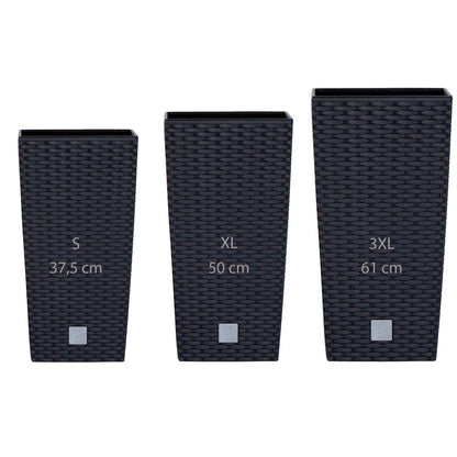 Pack 3 Macetas Altas Prosperplast (11,4/26,6/49 Litros) Rato Square De Plastico En Color Antracita Con Deposito.