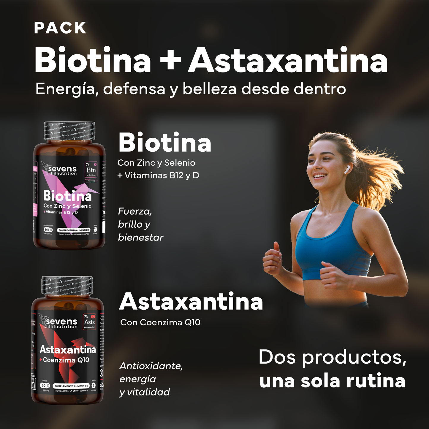 Biotina 10.000mcg Con Zinc, Selenio Y Vitaminas + Astaxantina 8 Mg. Sevens Nutrition. Cabello, Piel, Uñas Y Antioxidante_1