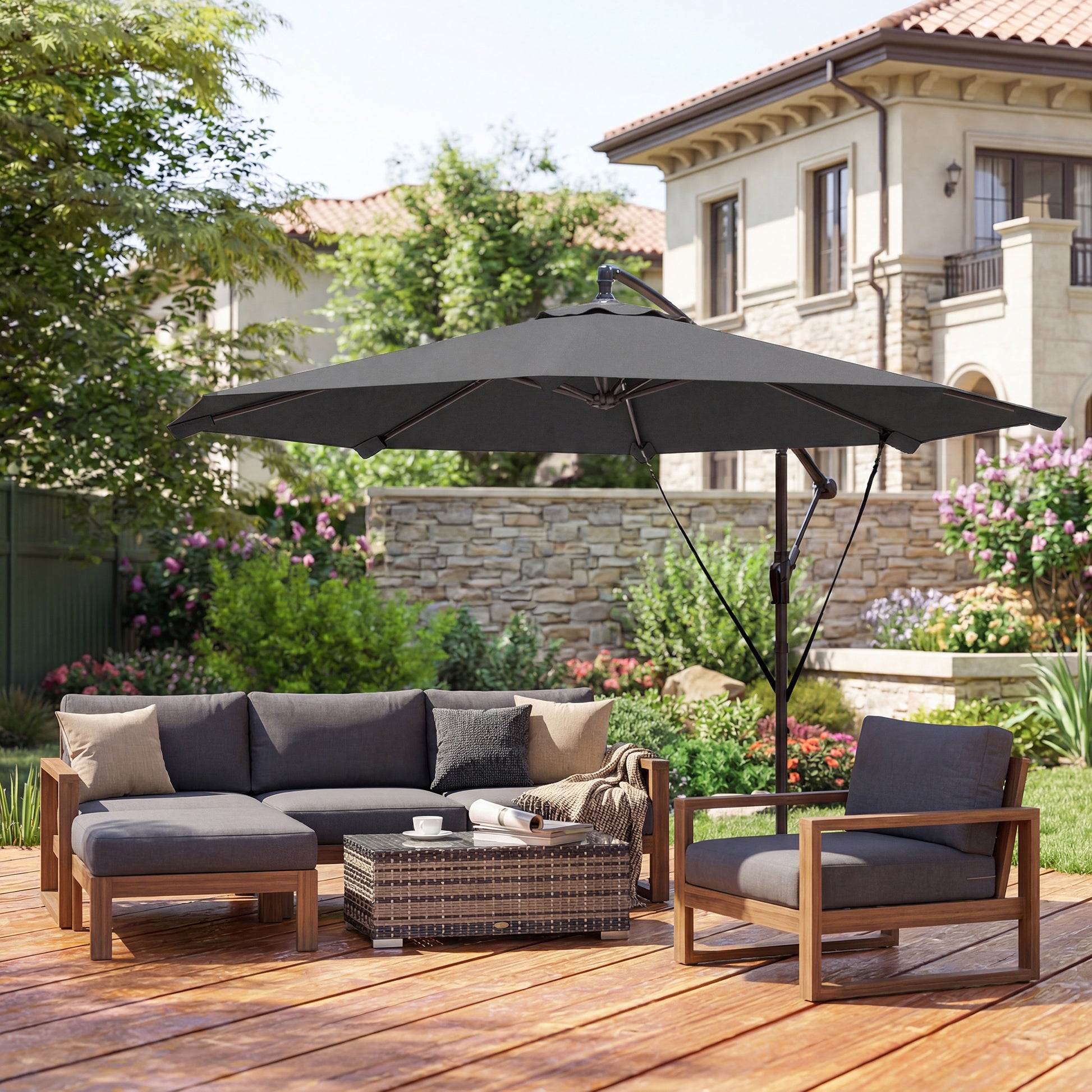 Outsunny Parasol Excéntrico Ø300 Cm Con Base Cruzada Manivela Y Funda Gris_4