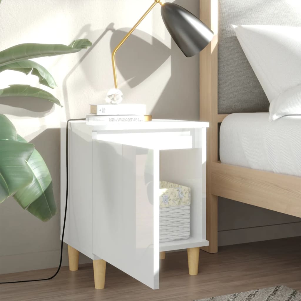 Mesita Noche Con Patas Madera Maciza Blanco Brillo 40x30x50 Cm_1