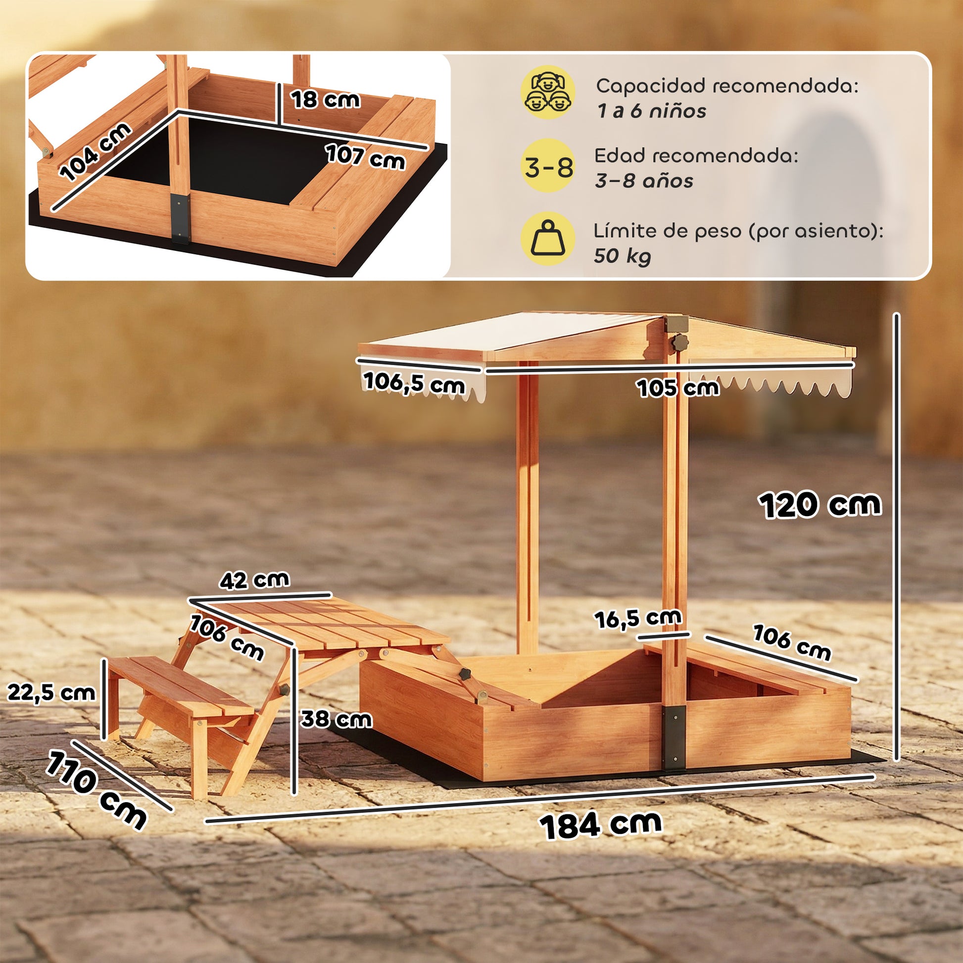 Aiyaplay Arenero Para Niños De Madera Con Toldo Ajustable Mesa Con Bancos Marrón_2