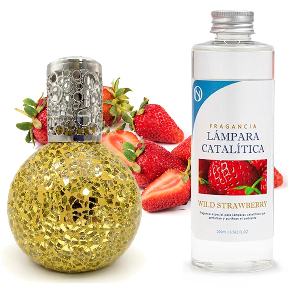Lámpara Catalítica Mosaico Dorado + Aroma Wild Strawberry 200 Ml - Elimina Malos Olores, Impurezas Y Perfuma_0