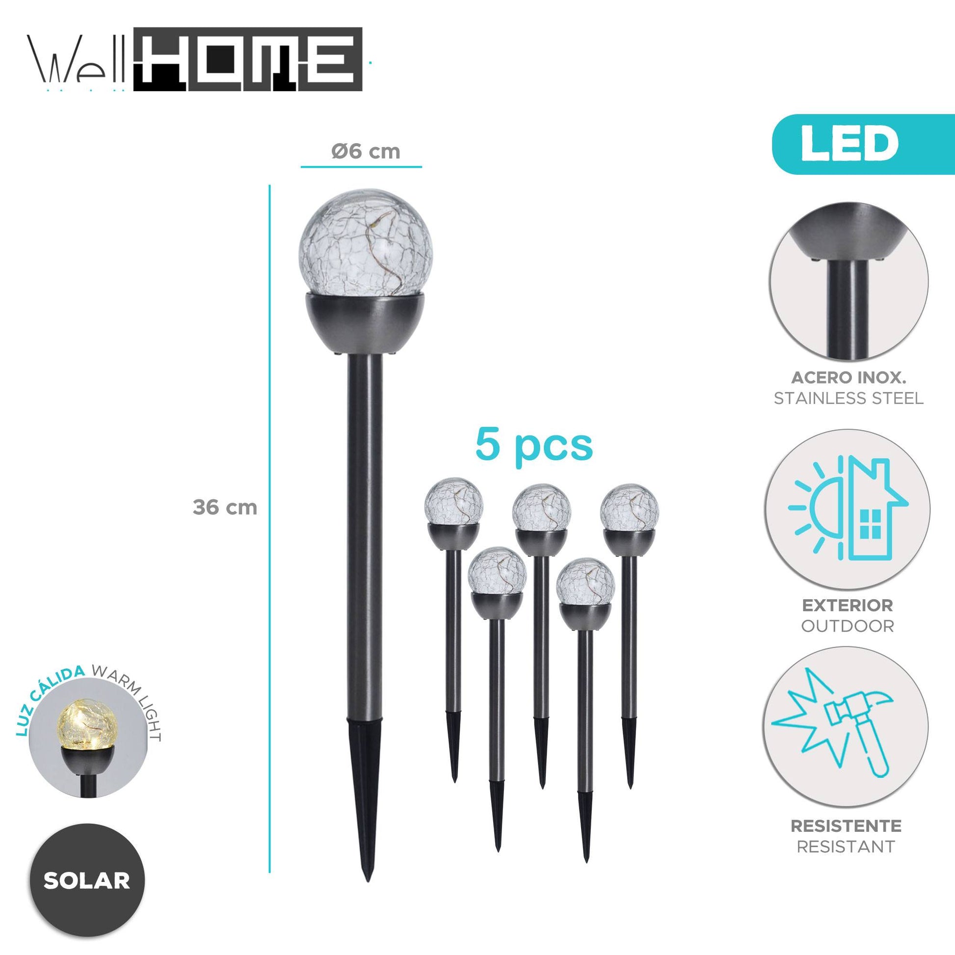 Well Home Juego De 5 Luces Solares En Acero Inoxidable Ø6cm_1