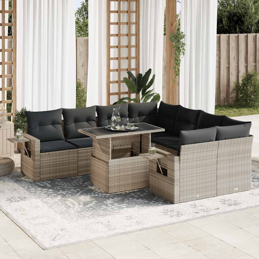 Set Muebles Jardín 9 Pzas Y Cojines Ratán Sintético Gris Claro / Vetonek_3