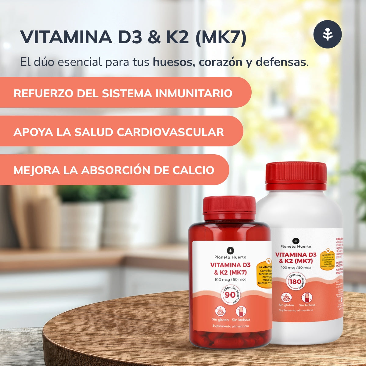 Vitamina D3 & K2 Mk7 Planeta Huerto 180 Capsulas