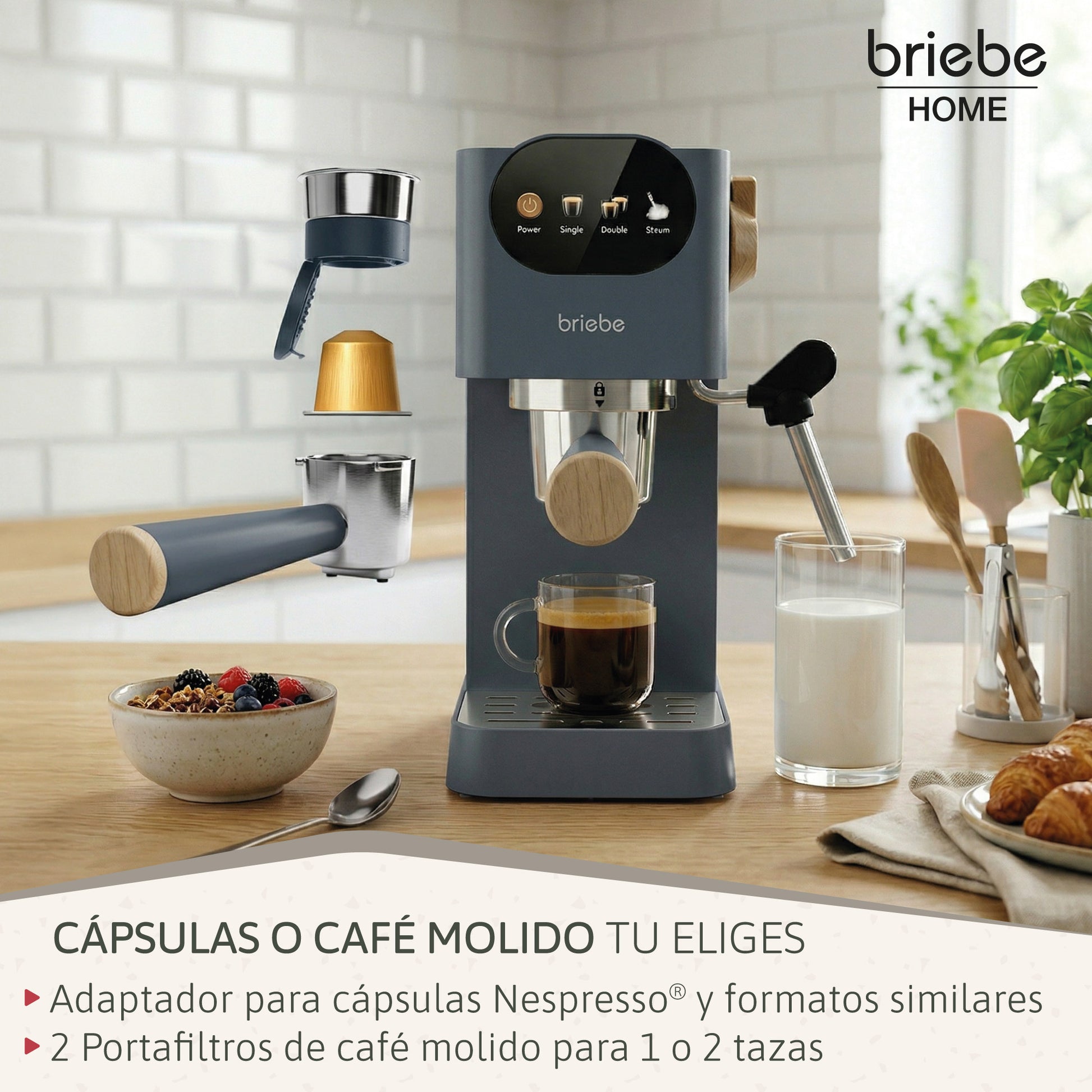 Briebe Nordic Cafetera Espresso 20 Bares Compatible Cápsulas Nespresso Y Café Molido Espumador Leche, Ec1180gry, Gris_3