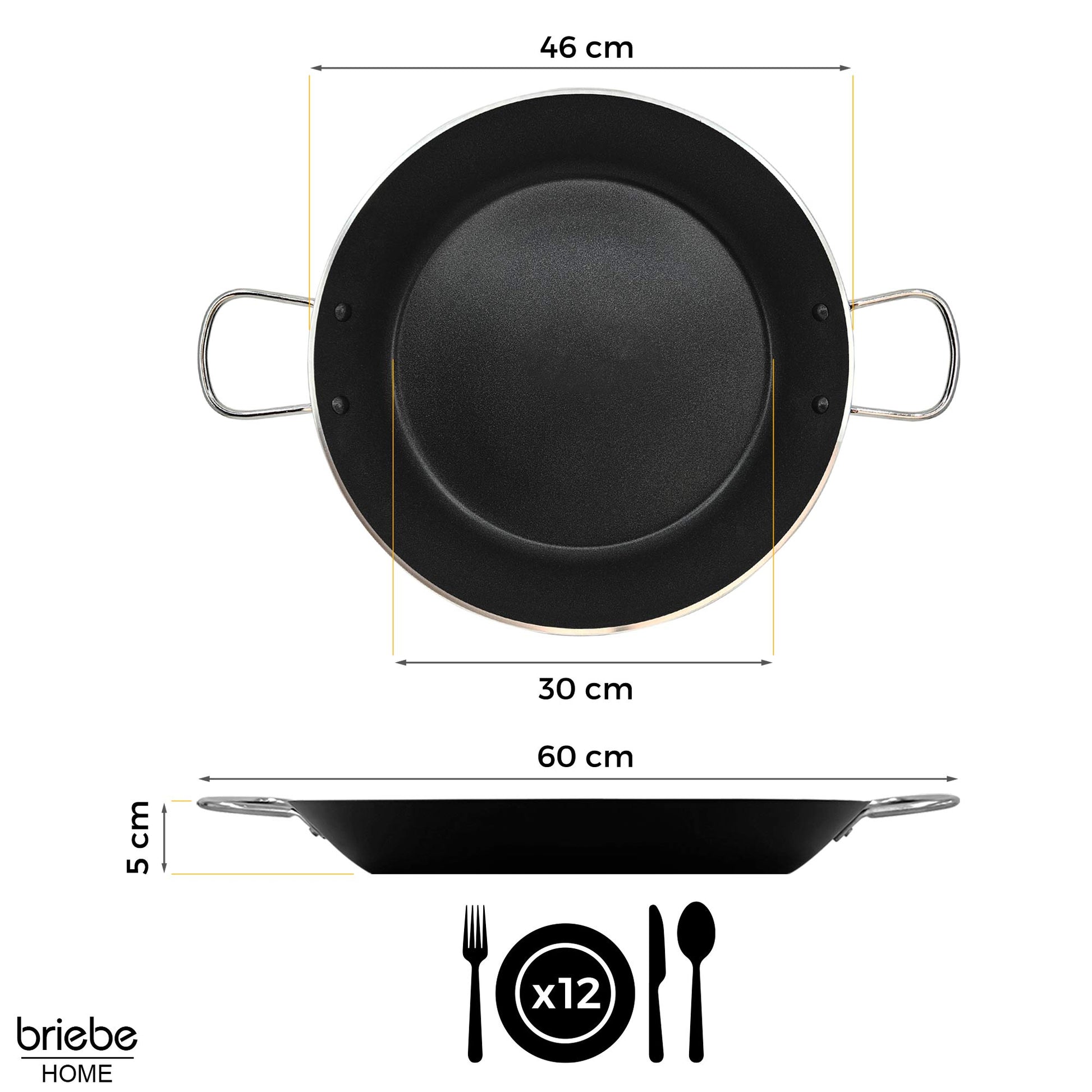 Briebe Paellera Inducción 46cm, 11-12 Raciones, Aluminio Prensado, Antiadherente Sin Pfoa, 3mm Espesor, Zafrán, Negro_5