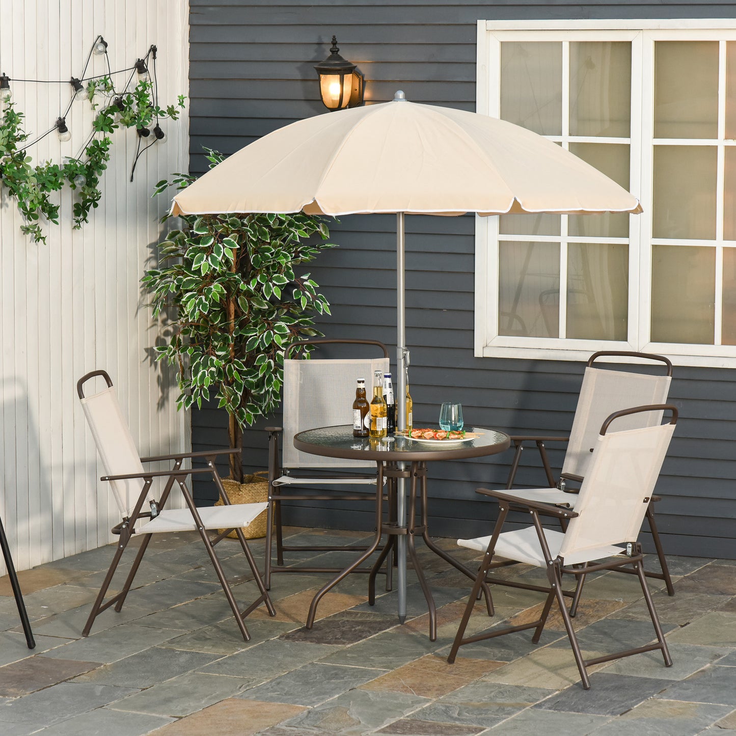 Outsunny Conjunto Muebles Jardin 4 Sillas Mesa De Comedor Redonda Sombrilla_1