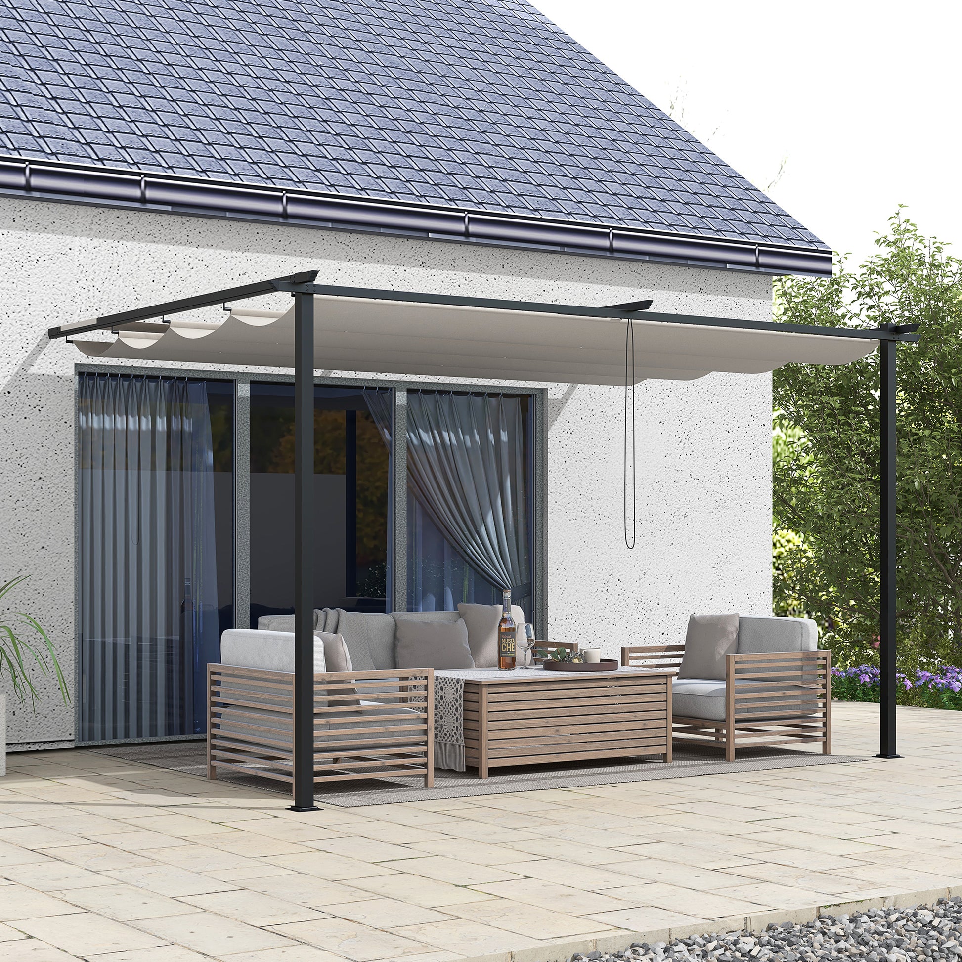 Outsunny Pérgola De Pared De Jardín 4x3 M Con Techo Retráctil Tela Poliéster_1