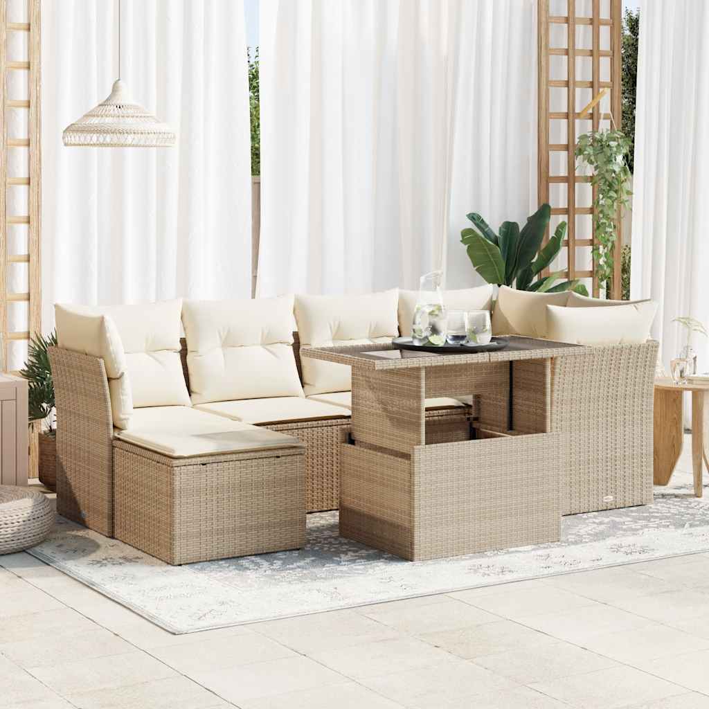 Set Sofás De Jardín 7 Piezas Y Cojines Ratán Sintético Beige / Vetonek_1