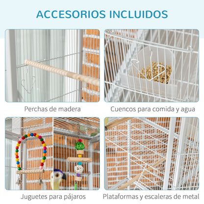 Pawhut Jaula Para Pájaros Con Ruedas Comederos Perchas 83x53x180 Cm Blanco_4