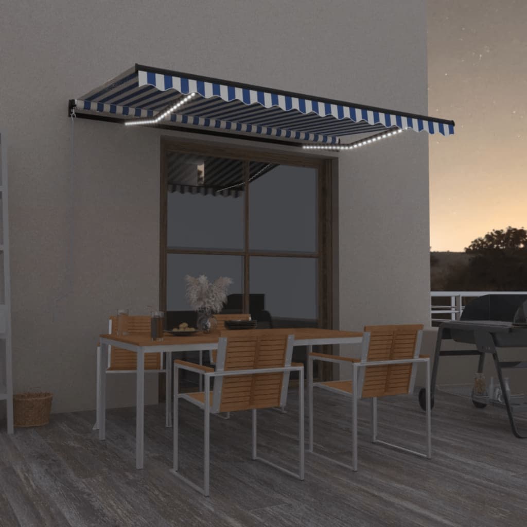 Toldo Manual Retráctil Con Led Azul Y Blanco 450x350 Cm_1