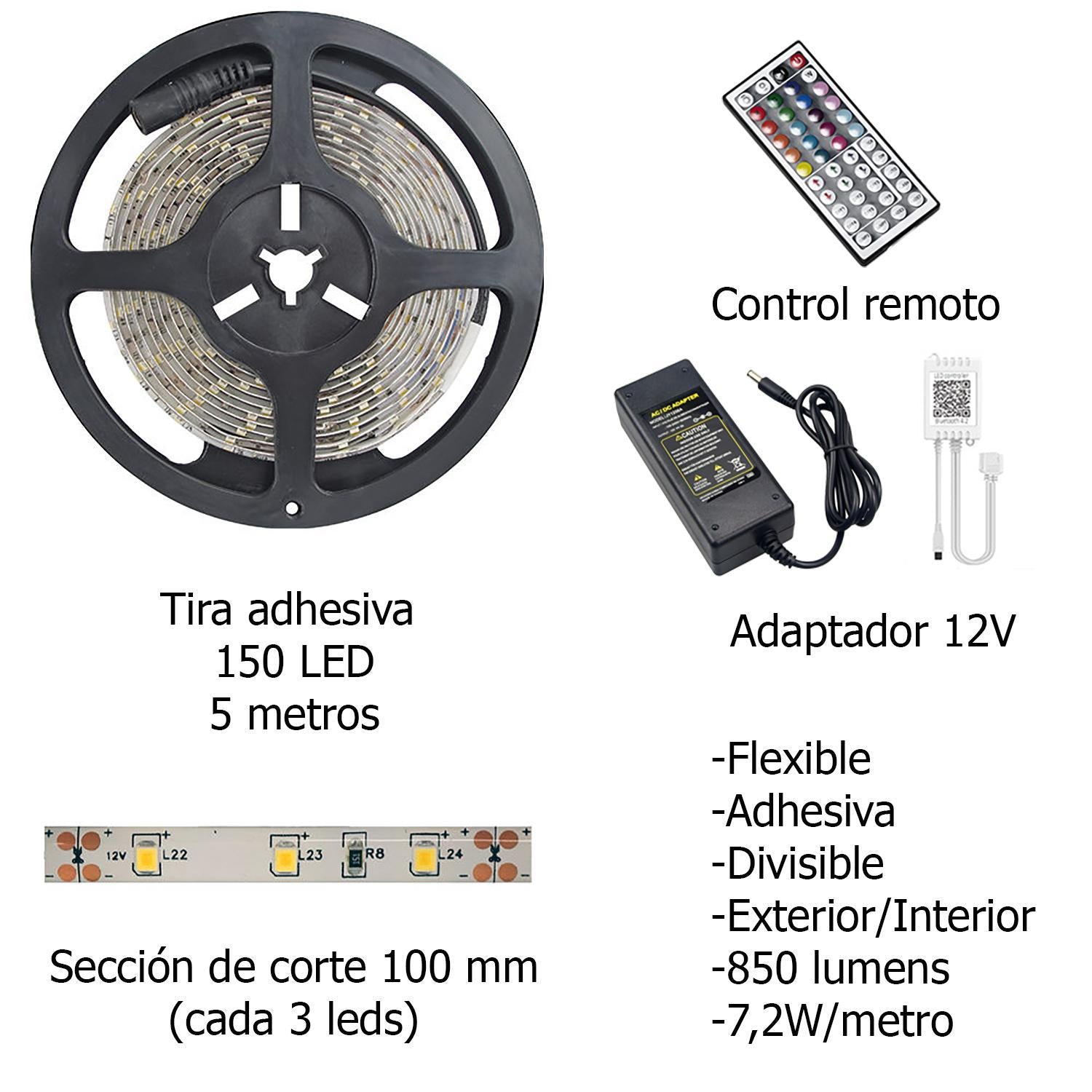 Tira Led Multicolor Rgb Con Mando Adhesiva Con 150 Leds 36 W 12 V. 850 Lumenes Luz Multicolor Ip 20 5 Metros_1