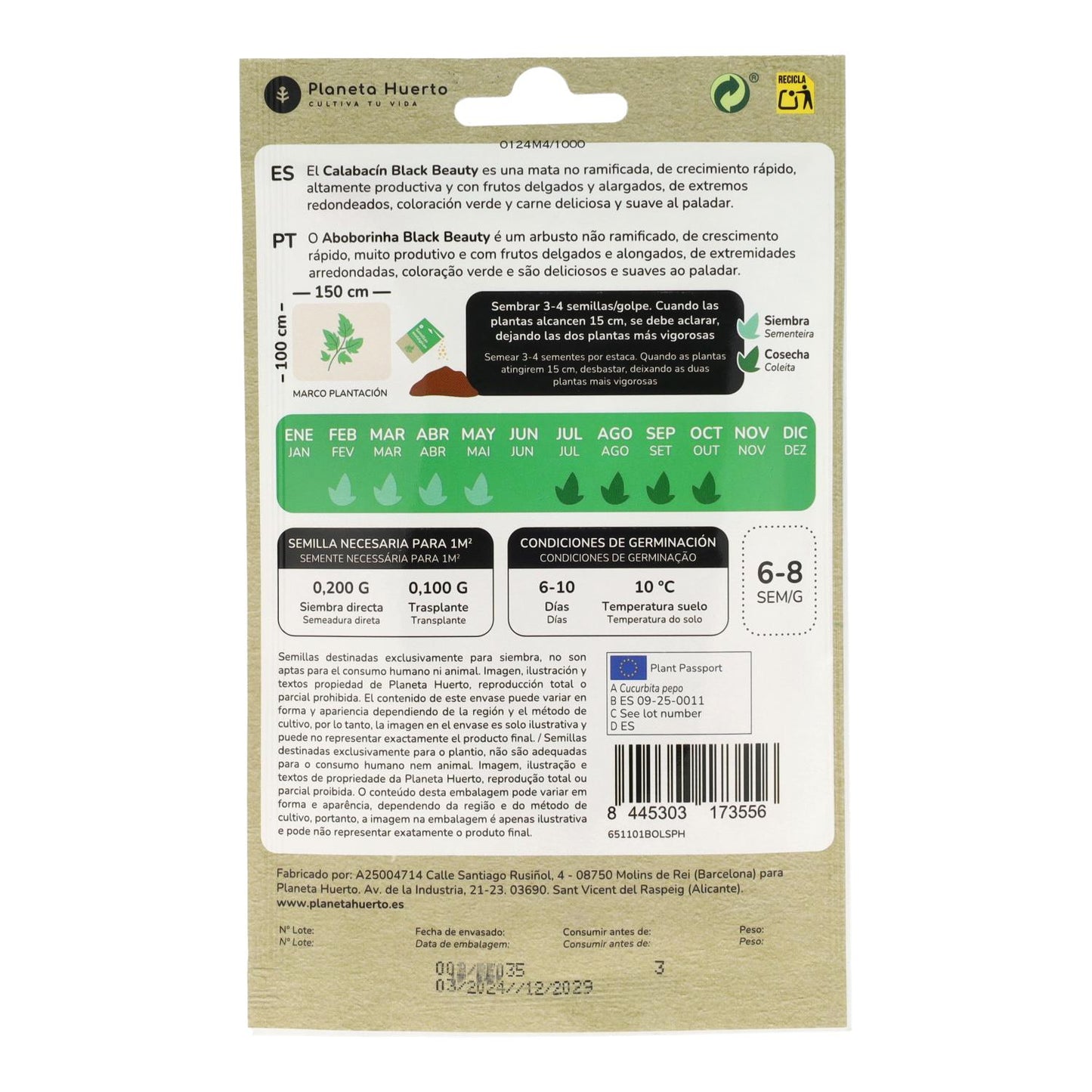 Semillas de Calabacín Black Beauty ecológicas Planeta Huerto