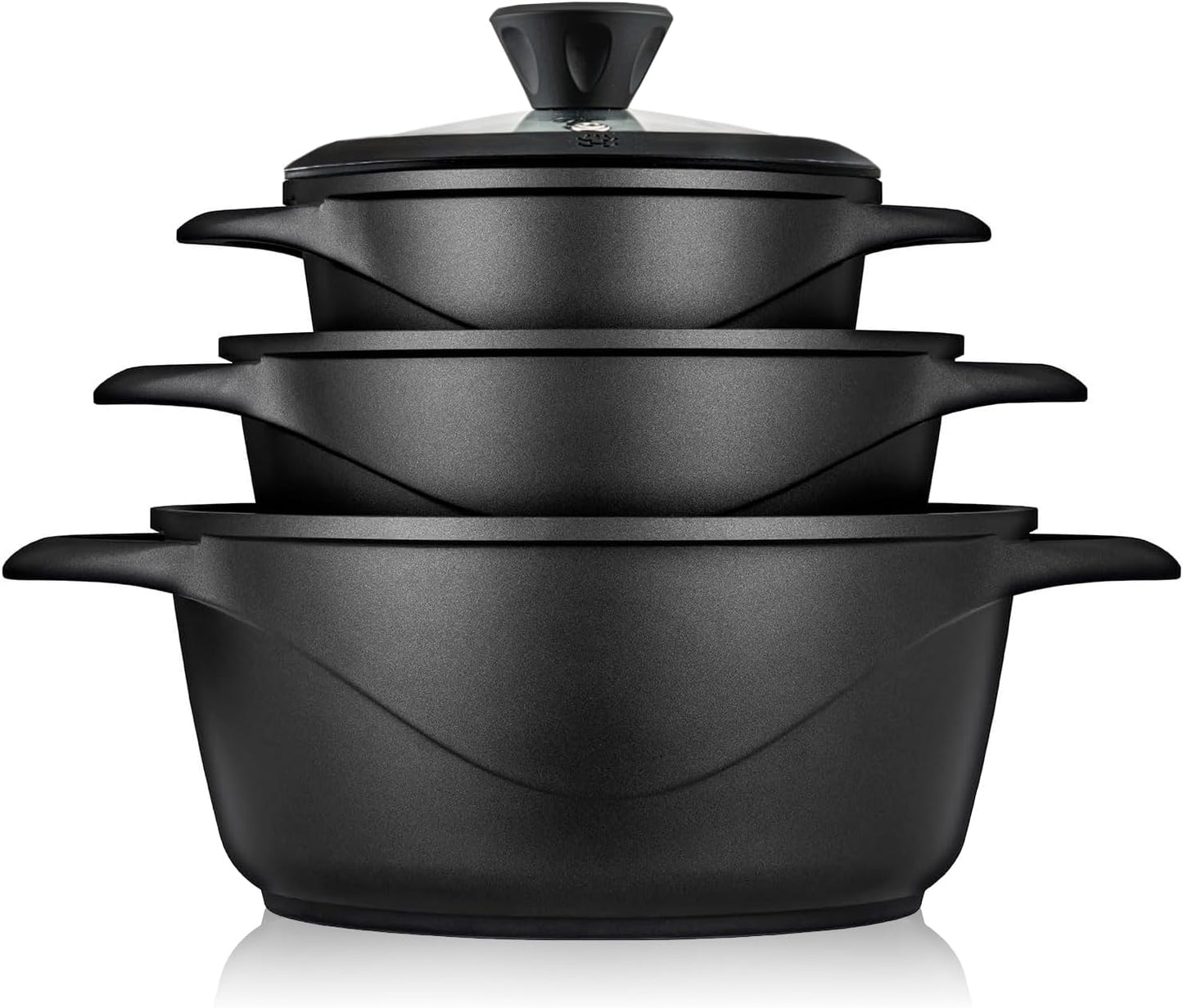 Briebe Batería De Cocina Inducción 6 Piezas Aluminio Fundido 3 Ollas Con Tapa De Cristal Antiadherente, Mgk-18s, Negro_0