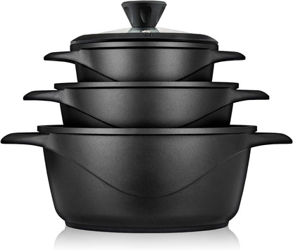Briebe Batería De Cocina Inducción 6 Piezas Aluminio Fundido 3 Ollas Con Tapa De Cristal Antiadherente, Mgk-18s, Negro_0