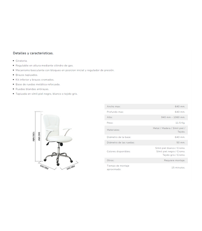 Sillón Despacho Giratorio Maggie Tapizada En Símil Piel Blanco, 56 Cm(ancho) 98.5/107.5_2