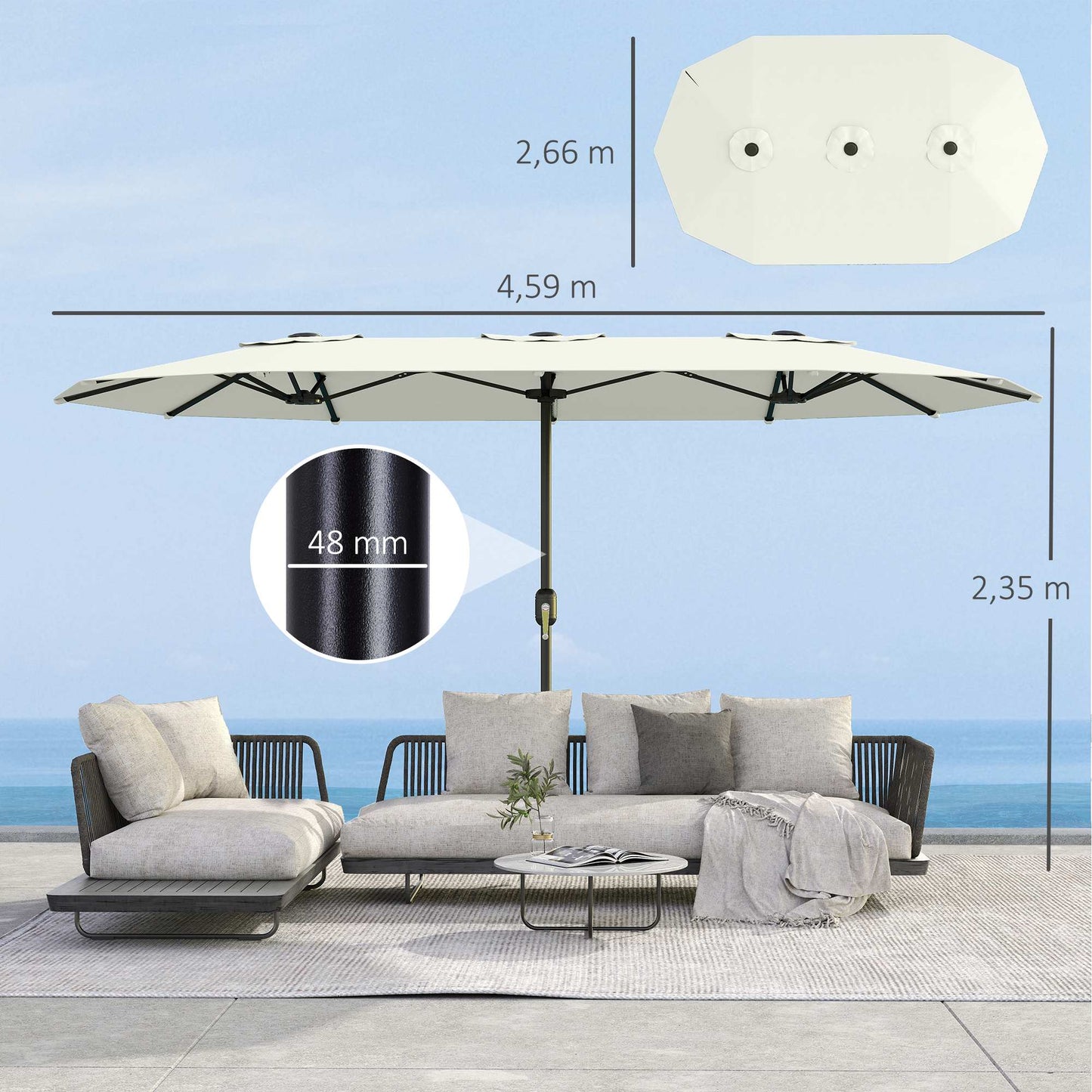 Outsunny Sombrilla Doble 4,6x2,6 M Con Protección Uv50+ Y Manivela Blanco Crema_2