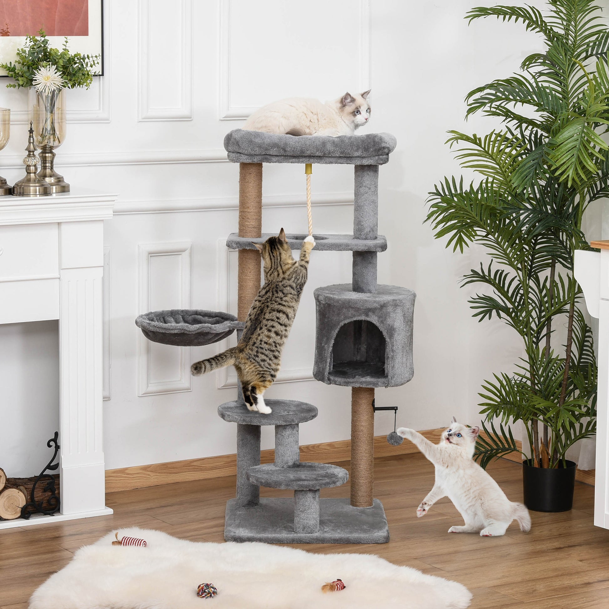 Pawhut Árbol Rascador Para Gatos Altura 120 Cm Plataformas Cueva Hamaca Bola_1