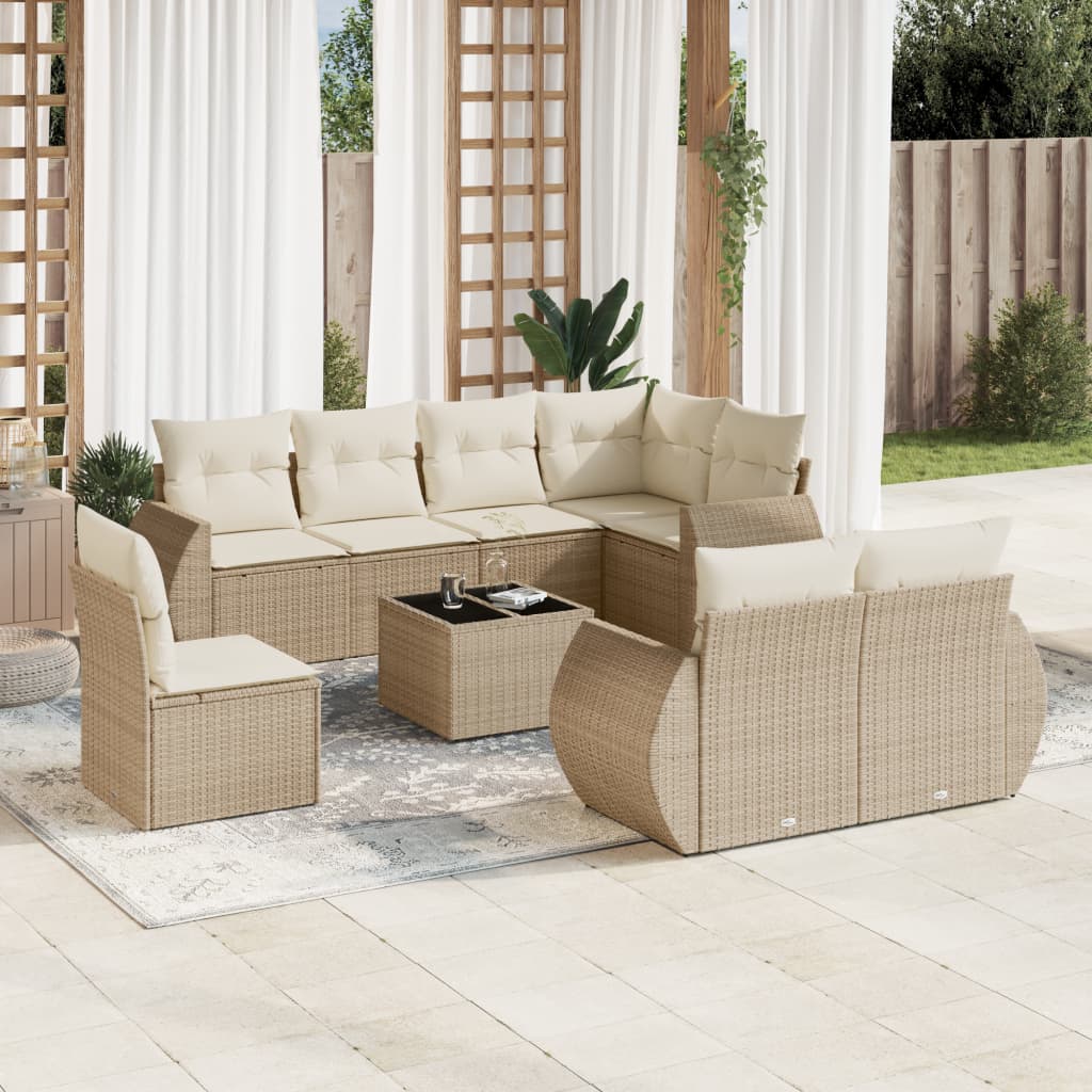 Set De Sofás De Jardín 9 Pzas Con Cojines Ratán Sintético Beige / Vetonek_0
