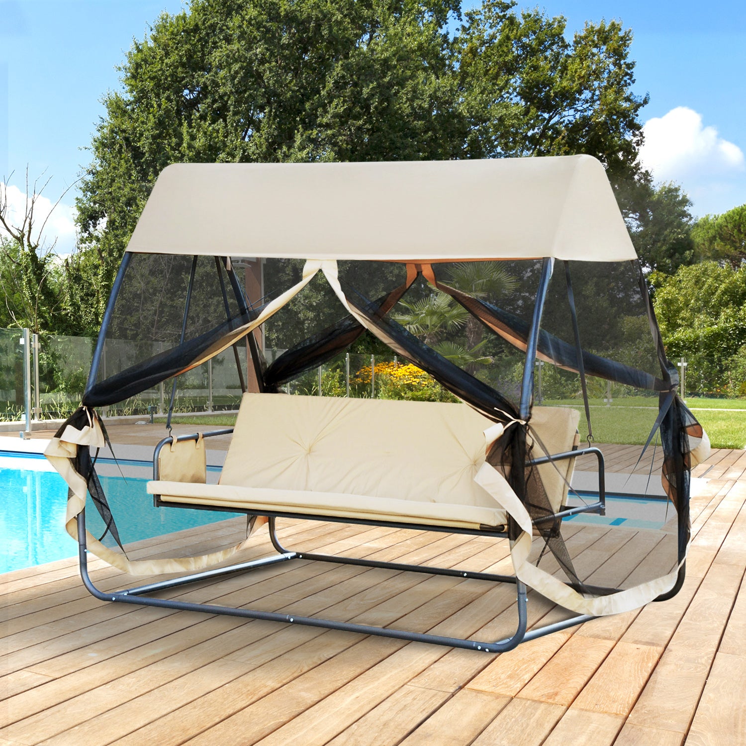 Outsunny Columpio Jardín 3 Plazas Convertible En Cama Con Mosquitera Puertas_1