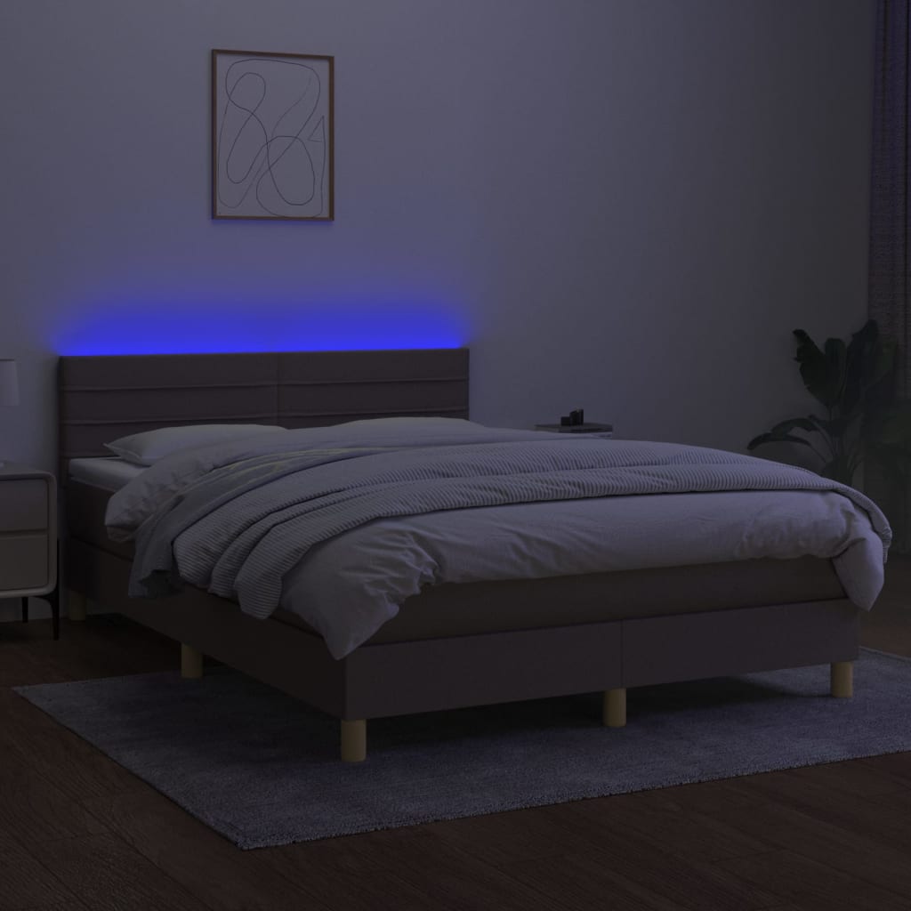 Cama Box Spring Colchón Y Luces Led Tela Gris Taupe 140x190 Cm / Vetonek_2