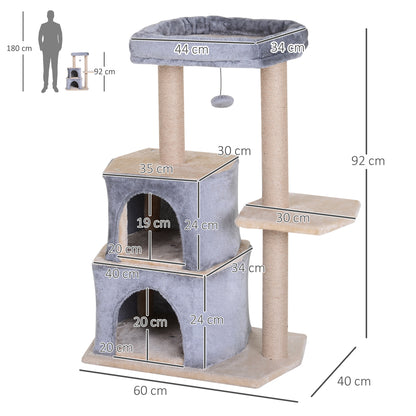 Pawhut Árbol Rascador Para Gatos De 92 Cm Con 2 Cuevas Bola Colgantes Gris_2