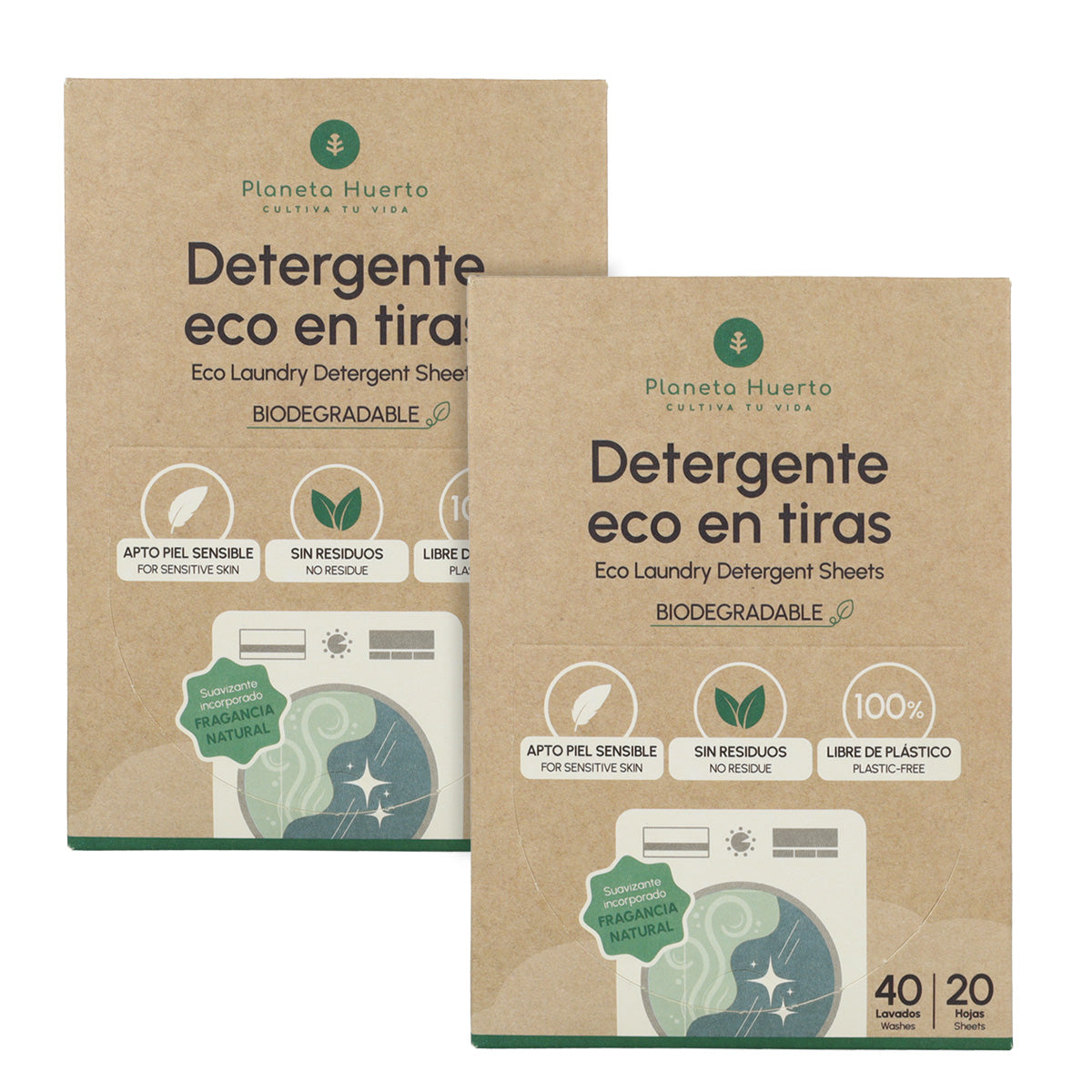Pack 2x Eco-Tiras detergente y suavizante Planeta Huerto 80 lavados